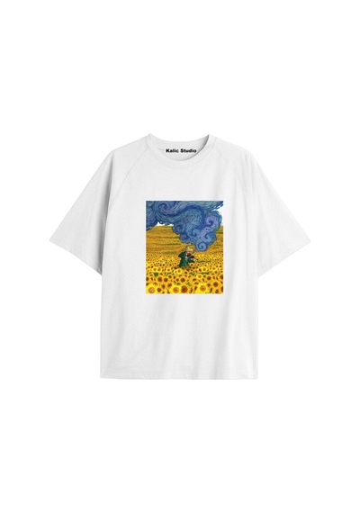 Kalic Studio Unisex Van Gogh Baskılı Oversize Tshirt Beyaz-48