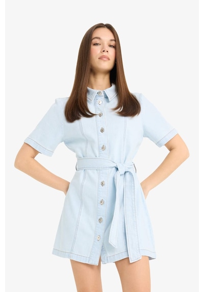 DeFacto Polo Yaka Düğmeli Kuşaklı Kısa Kollu Mini Jean Elbise E1287AX25SMNM39