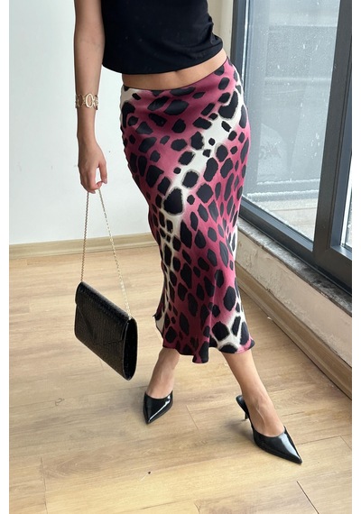 Mixray 4647 Kadın Beli Lastikli Leopar Saten Etek Bordo