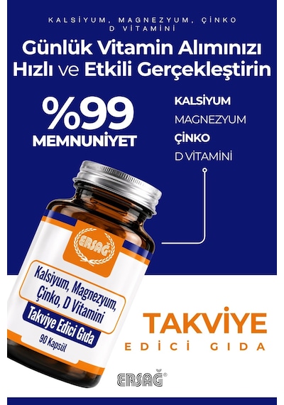 Ersağ Kalsiyum Magnezyum Çinko D Vitamini Takviye Edici Gıda 90 Kapsül
