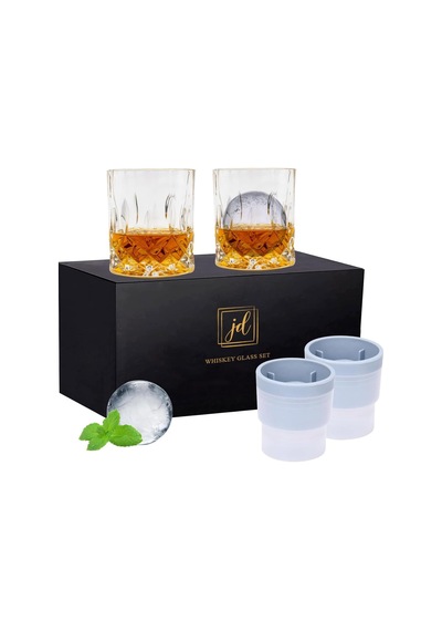 Viski Kayaları Bardak Seti Hediye Kutusunda - 2 Kristal Bourbon Bardağı Ve 2 Büyük Buz Topu Kalıbı İçerir - 10