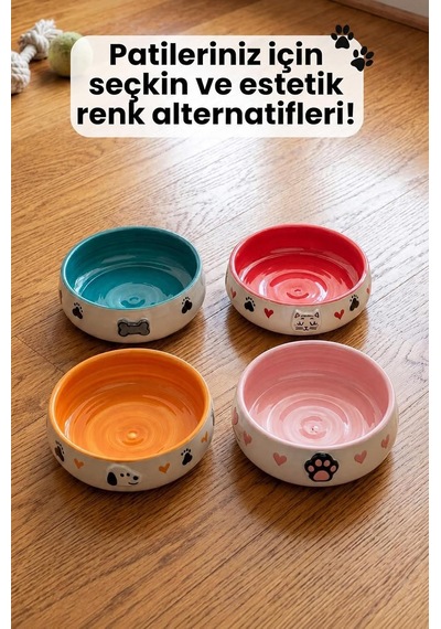Lüks Seramik Mama Kabı Pati Kedi Köpek Kalp Desen Kabartmalı Doğal Renkli Kedi Ve Köpek Yemek Su Kasesi, Devrilmez Premium Dekoratif Porselen Yapı 1 Adet Tekli Pembe