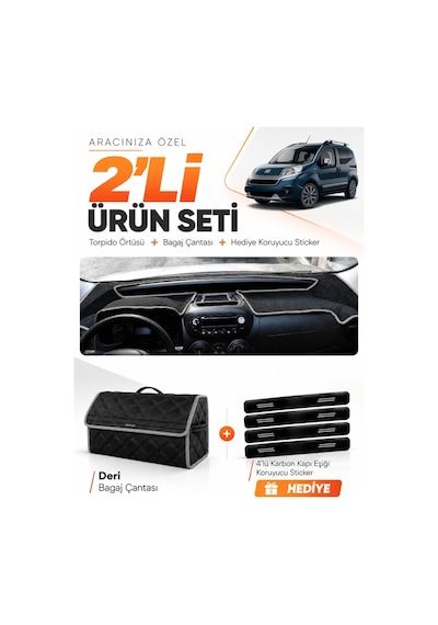 Fiat Fiorino 2007-2026 Uyumlu Torpido Örtüsü + Deri Bagaj Çantası + Sticker Seti - Siyah Gri
