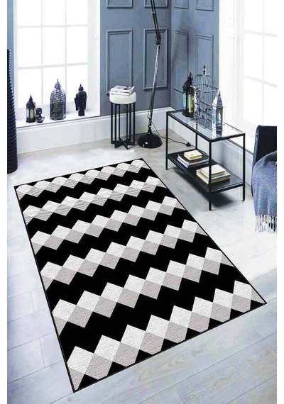 Siyah Zigzag Kaymaz Tabanlı Makinede Yıkanabilir Halı Ar324n11