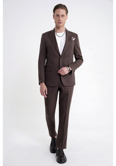 Efor Slim Fit Mono Yaka %97 Tencel Kumaş Çift Yırtmaç Esnek Kahverengi Takım Elbise Tk 941