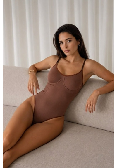 Fit Women Kadın Kapsız Cırt Cırtlı Düz Desen Kahverengi Body