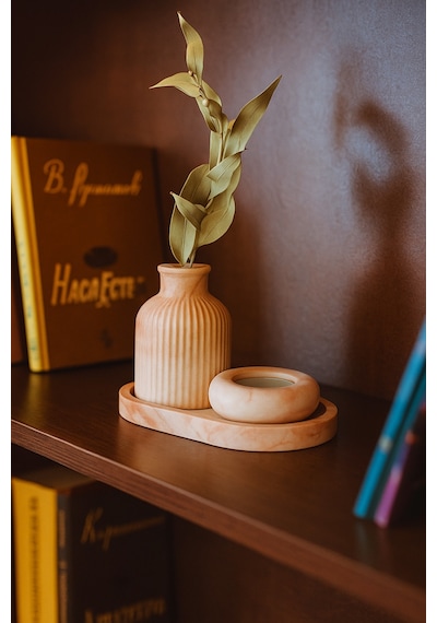 Seramik Vazo, Tealight Mumluk Ve Dekoratif Tepsi Seti - Beyaz Minimal Tasarım