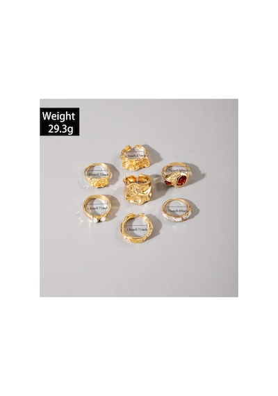 Rimelyn - 7 Adet Kristal Taşlı Düzensiz Geometrik Tasarım Vintage Çoklu Gold Altın Yüzük Seti