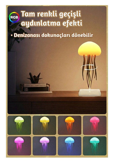 Mobgift Rgb Denizanası Gece Lambası Ses Sensörlü Led Dekoratif Masa Lambası Usb Şarjlı Renk Değiştiren Renkli
