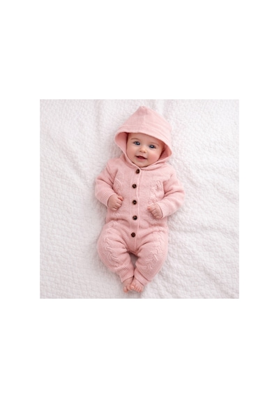 Babysena Kapüşonlu Örgü Kız Bebek Tulum Pembe