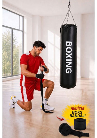 Boxing 100 Cm Yetişkin İdeal Boy Hazır Dolu Boks Torbası Ve Zinciri - Hediye Boks Bandajı Siyah