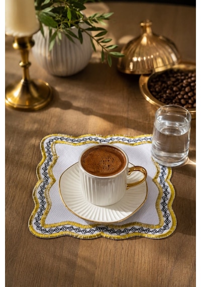Gold Nakış İşlemeli 6'lı Kahve Yanı Sunum Peçetesi Çeyizlik Kahve Altı Sunum Peçetesi Sovruna Gümüş