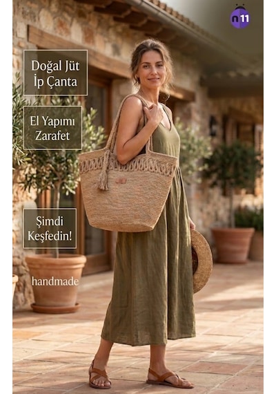 Zezedesign Şık El Yapımı Kadın Hasır Jüt Örgü Omuz Çantası. Büyük Boy Yazlık Plaj Çantası/ Günlük Çanta