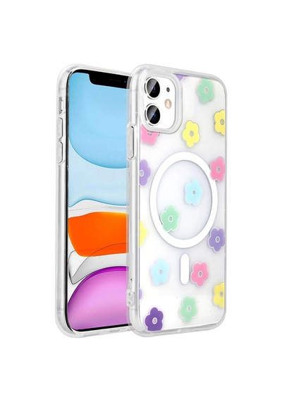 Apple Uyumlu iPad iPhone 11 Kılıf M-safe Şarj Özellikli Şeffaf Zore Folk Sert Kapak Papatya