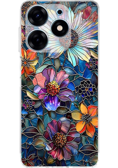 Printify Tecno Spark 10 Pro İle Uyumlu Vitray Mücevher Flora Tasarımlı Şeffaf Silikon Kılıf Şeffaf