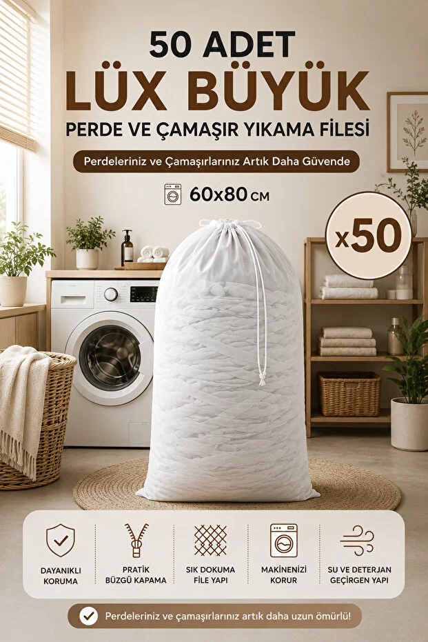 50 Adet Büyük 60x80 Perde Ve Çamaşır Yıkama Filesi Beyaz