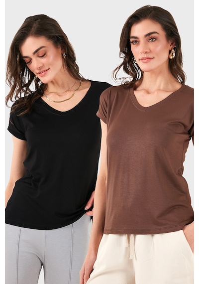 Lela V Yaka Relaxed Fit Yırtmaç Detaylı 2'Li Paket Bayan Bluz 5862000S2 Siyah-Kahve