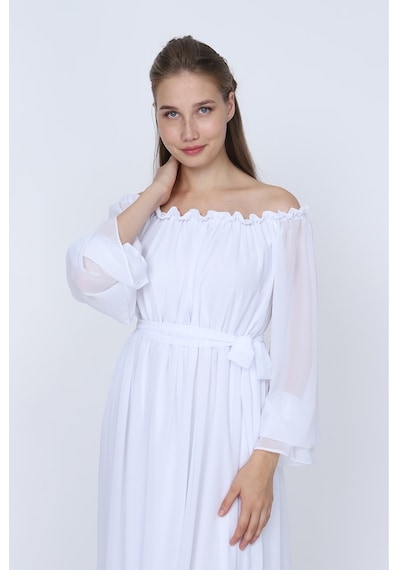 Moda Labio Modalabio - Dökümlü Kol Beyaz Elbise