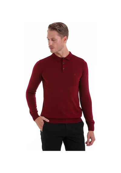 Hatemoğlu Tüylenme Yapmayan Yünlü Regular Fit Polo Yaka Bordo Kazak