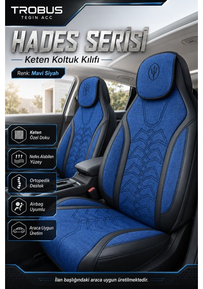 Tesla Model 3 2017 Ve Sonrası Uyumlu Hades Serisi Keten Koltuk Kılıfı Mavi Siyah