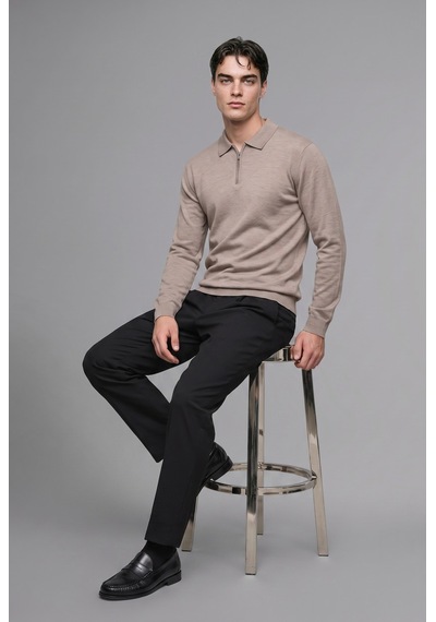 Defacto Standart Fit Yarım Fermuarlı Polo Yaka Triko Basic Kazak H7595ax26aubg766 Bej-bg766
