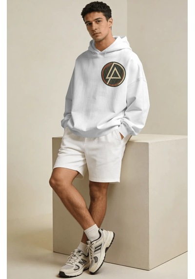 Sevbano Linkin Park Müzik Grubu Sırt Baskılı Unisex Oversize Penye Hoodie beyaz