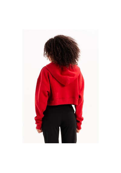 Justever Crop Kapüşonlu Fermuarlı Kanguru Cepli Şardonlu Hoodie Kırmızı Kadın Sweatshirt - Lumen Kırmızı