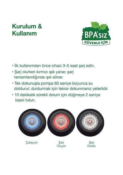 Bpa'sız Şarjlı Damacana Pompası Bpa'sız Boru 10l - 15l - 19l 1200 Mah Siyah
