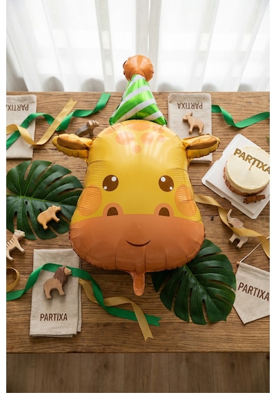 Şapkalı Safari Zürafa Kafa Folyo Balon 80x56 Cm Safari Temalı Çocuk Doğum Günü Parti Süsü Çok Renkli
