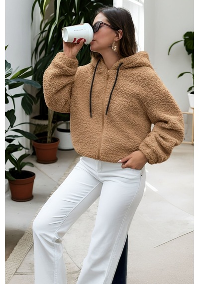 Hiramir Peluş Kapüşonlu Kadın Bomber Mont Taş Ks2503 Camel