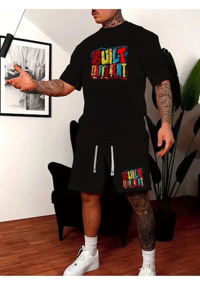 Startmore Erkek Beyaz''renkli Built Different Baskılı'' Basic Oversize T-shirt- Şort Takım Strup0000000000014 Siyah