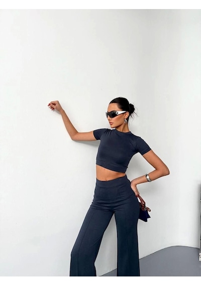 Buğrahayalin Osy Modal Yumuşak Dokulu Kumaş Kısa Kollu Crop Alt Ispanyol Paça Pantalon Ikili Takım - Füme
