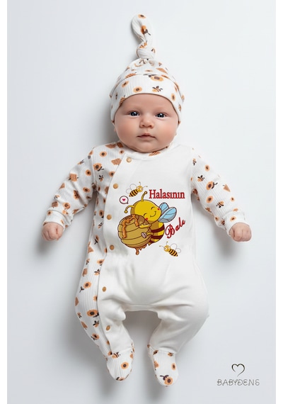 Babyden's Halasının Balı Yazılı Yenidoğan Bebek Tulumu Şapka Seti Arı Desenli %100 Pamuk Çıtçıtlı Bebek Tulum Ekru - Çok Renkli