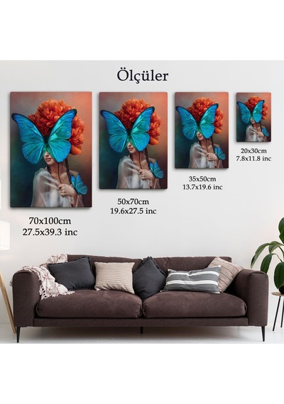 Es10 Mavi Kelebekli Kadın Yağlıboya Görünüm Dekoratif Kanvas Duvar Tablosu-5947 (50 x 70)