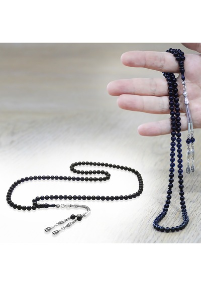 Tesbihname Sıkma Kehribar Namaz Tesbihi - Kararmaz Metal Püsküllü - Bilek Boy - Süzme Mavi Siyah - Küre Kesim Çok Renkli