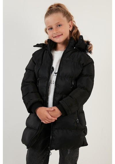 Lela Peluş Astarlı Yakası Suni Kürklü Çıkarılabilir Kapüşonlu Kışlık Kız Çocuk Mont 5766038 Siyah