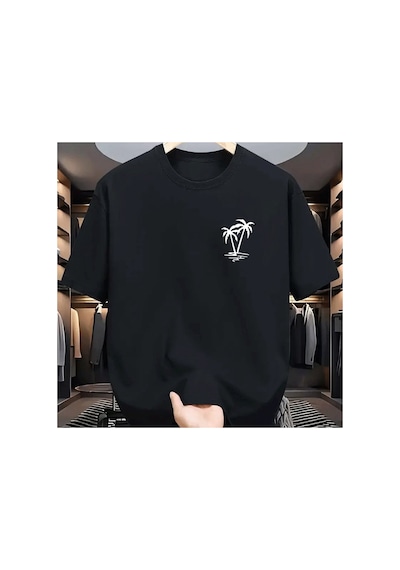 Caddemia Yaz Moda Rahat Gevşek Hindistan Cevizi Ağacı Desen Baskılı Spor Yuvarlak B Siyah 2XL Caddemia Yaz Moda Rahat Gevşek Hindistan Cevizi Ağacı Desen Baskılı Spor Yuvarlak B Siyah 2XL