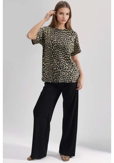 Hiccup Oversized Leopar Desenli Bisiklet Yaka Tişört Kahverengi
