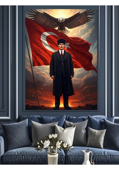 Türk Bayrağı Önünde Atatürk Silüeti Dekoratif Kanvas - Mdf Ahşap Tablo