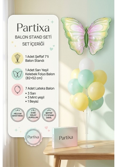Sarı Yeşil Kelebek Balon Stand Seti Şeffaf 7 Li Stand + Sarı Yeşil Kelebek Folyo Balon 82 52 Cm + 7 Lateks Balon Sarı - Yeşil
