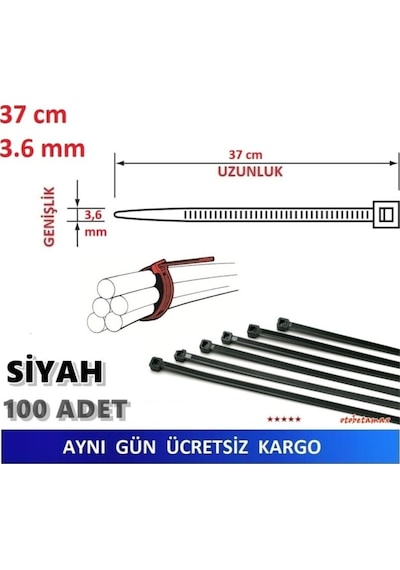 Pemsan 37cm X 3,6mm Plastik Cırt Kelepçe Kablo Bağı Siyah