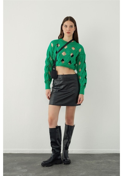 Yeşil Oversize Delikli Triko Crop Kazak - Yeşil