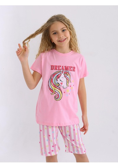 Kız Çocuk Kısa Kollu Kapri %100 Pamuklu Pijama Takımı Dreamer Girl Koyu Pembe