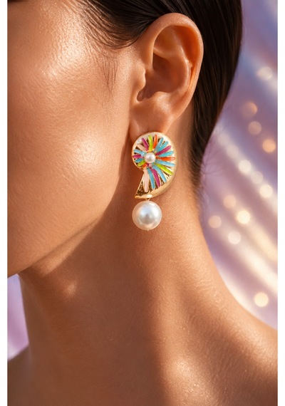 Pearl Collection Renkli Mineli Gold İnci Küpe Altın Altın