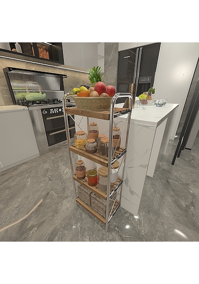 Sahra Krom 4 Katlı Ahşap Raf Banyo Köşe Rafı Düzenleyici Organize Krom