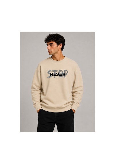 Herkesemoda Stop Never Detaylı Bisiklet Yaka Şardonlu 2 İplik Sweatshirt Bej