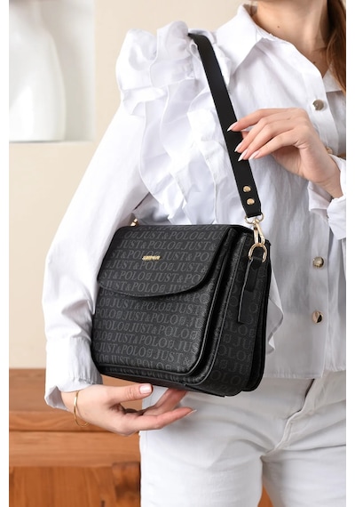 Just Polo Kadın Orijinal Just Polo Baskılı Büyük Boy Şık El Ve Omuz Çantası Shoulder Bag Ebat: 29 X 25 Cm Siyah