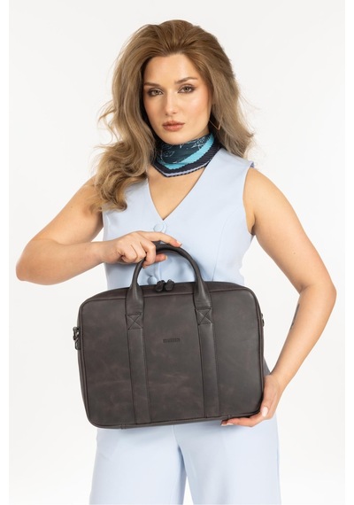 Mussen Hakiki Deri Organizer Macbook Laptop Evrak Çantası 13" & 14" İnç Asfalt Tiana