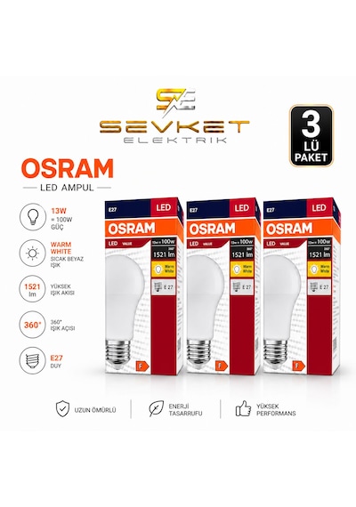 Osram Led Value 3'lü Paket 13w 100w Led Ampul Günışığı E27 Normal Duylu 3 Adet