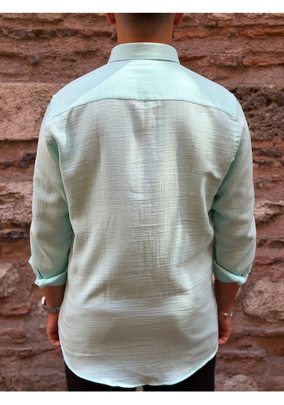 Slim Fit Uzun Kol Müslin Pamuk Rahat Nefes Alabilen Kumaştan Yaka Düğmeli Hediye Kutulu Erkek Gömlek Fs-004202 - Mint-3366